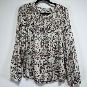 Lucky Brand Floral Peasant Blouse Cream Boho Long Sleeve Viscose Top Size M NWT